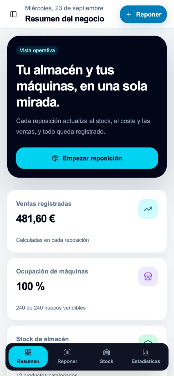 Riepilogo dell'attività in Repónlo: vendite registrate, riempimento dei distributori e pulsante per iniziare un rifornimento